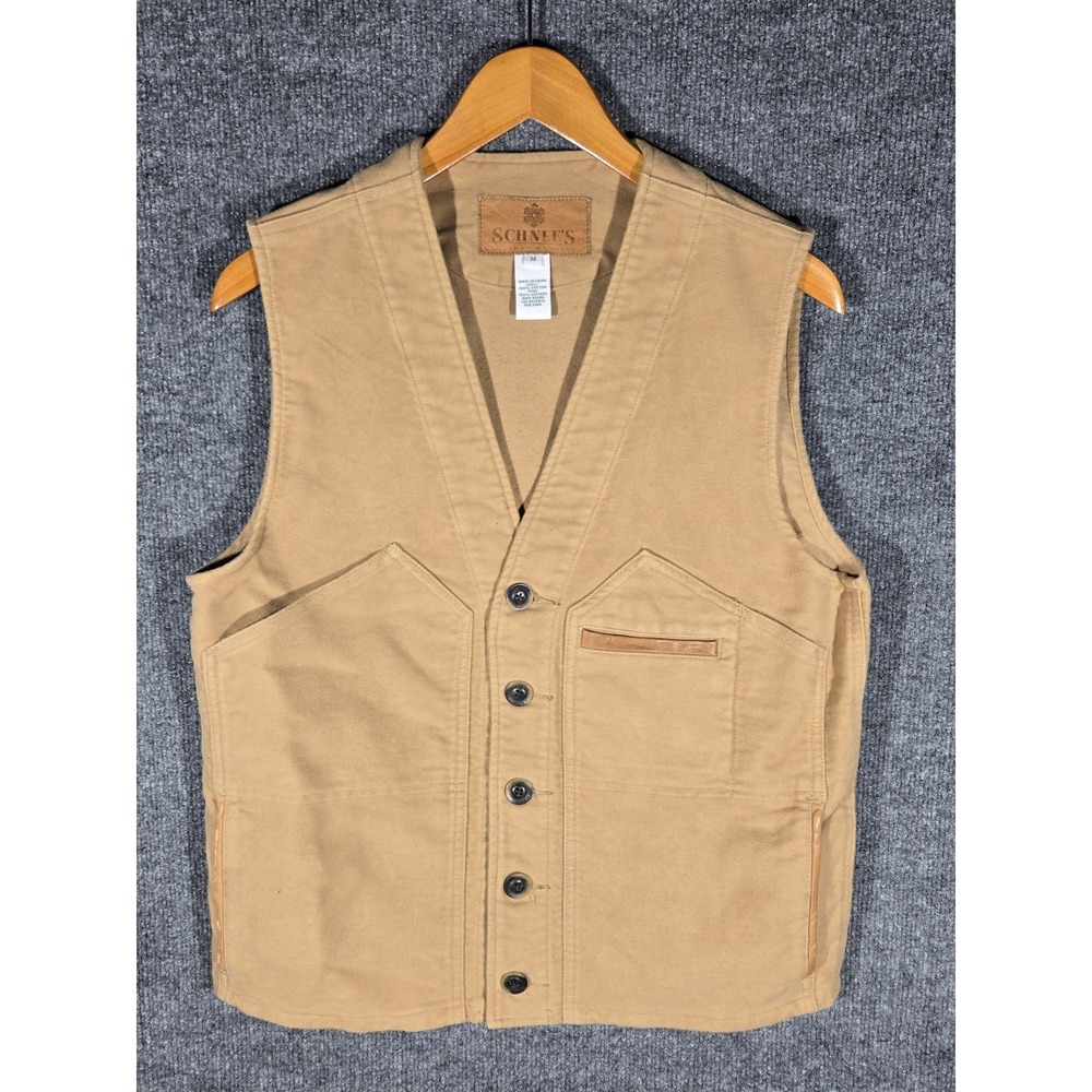 Schnee's Mens Medium Canvas Vest Tan Leather Trim Hunting Field Outdoor Workwear